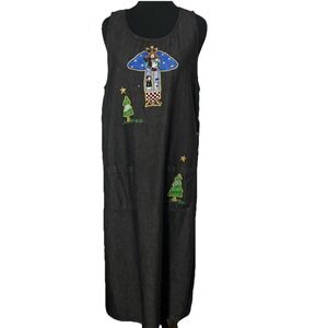 Quacker Factory Black Denim Maxi Jumper‎ Dress 1X Sleeveless Pockets Whimsical